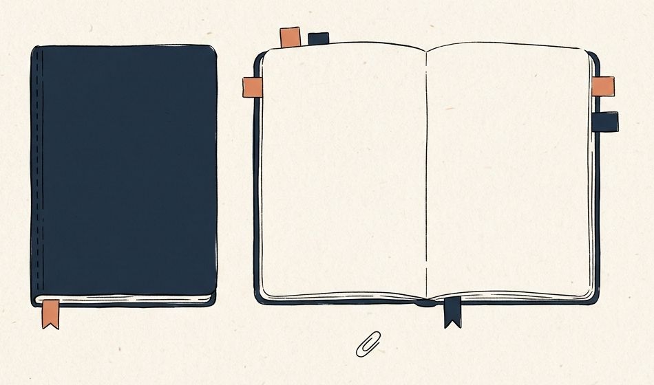 閉じたノートと、付箋がいくつも貼られた開いたノートが並んでいる